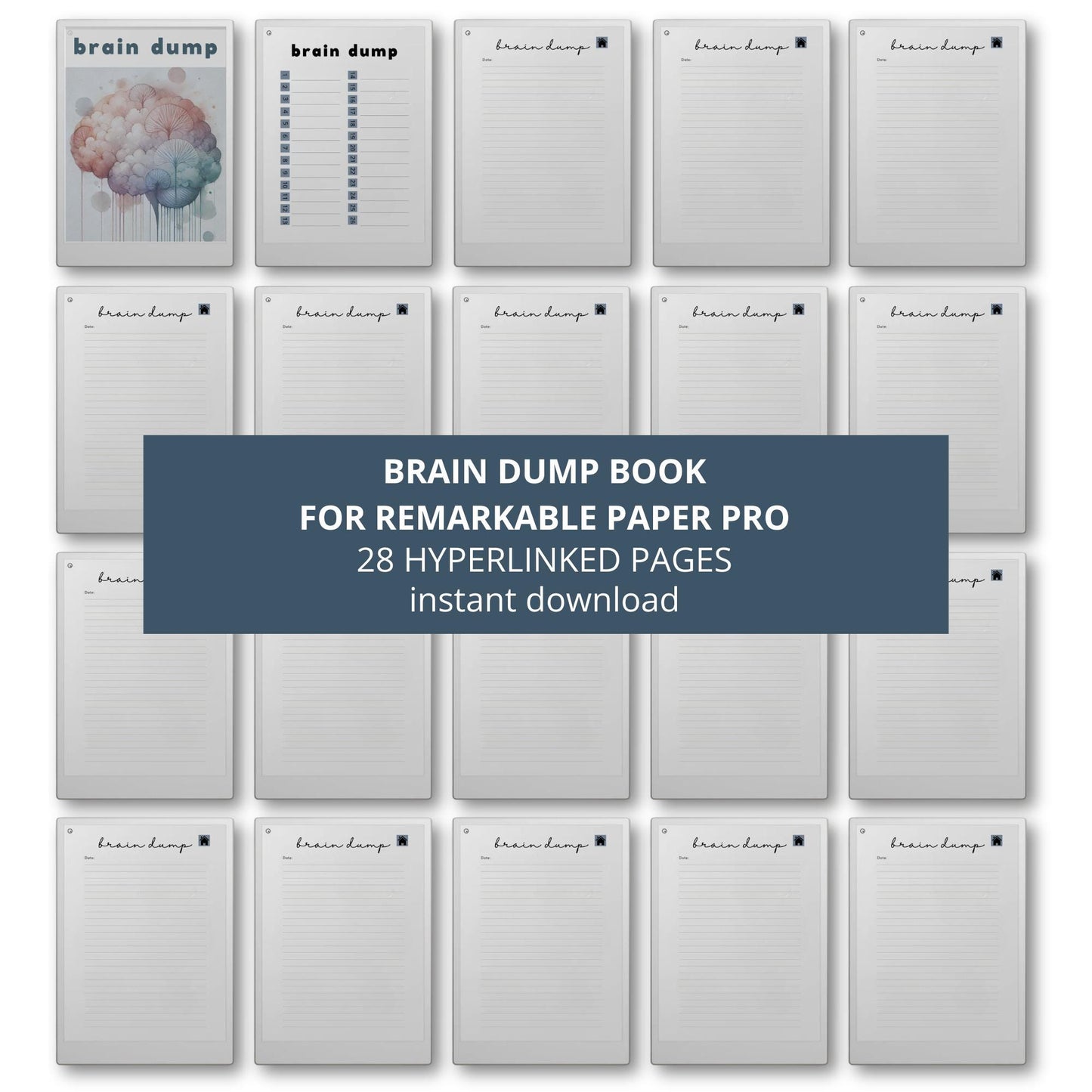 Brain Dump notebook PDF for reMarkable Paper Pro Move with 28 hyperlinked lined pages and two cover designs.