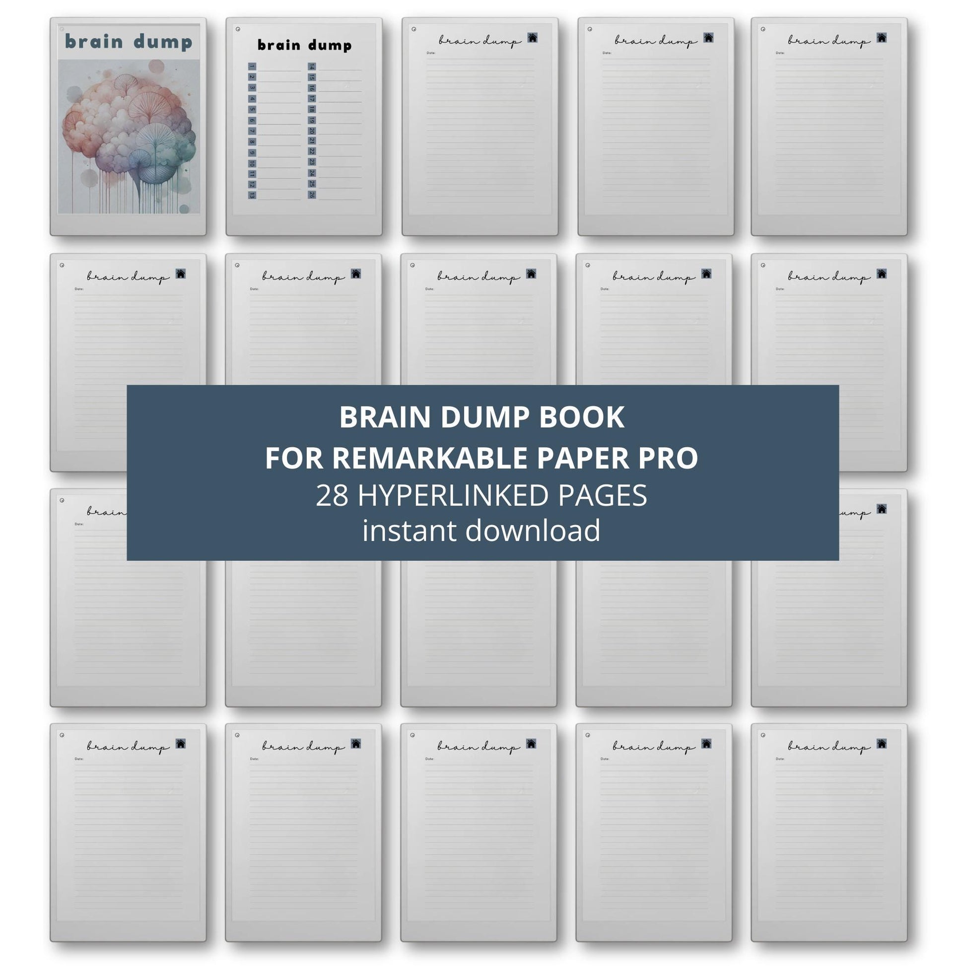 Brain Dump notebook PDF for reMarkable Paper Pro Move with 28 hyperlinked lined pages and two cover designs.