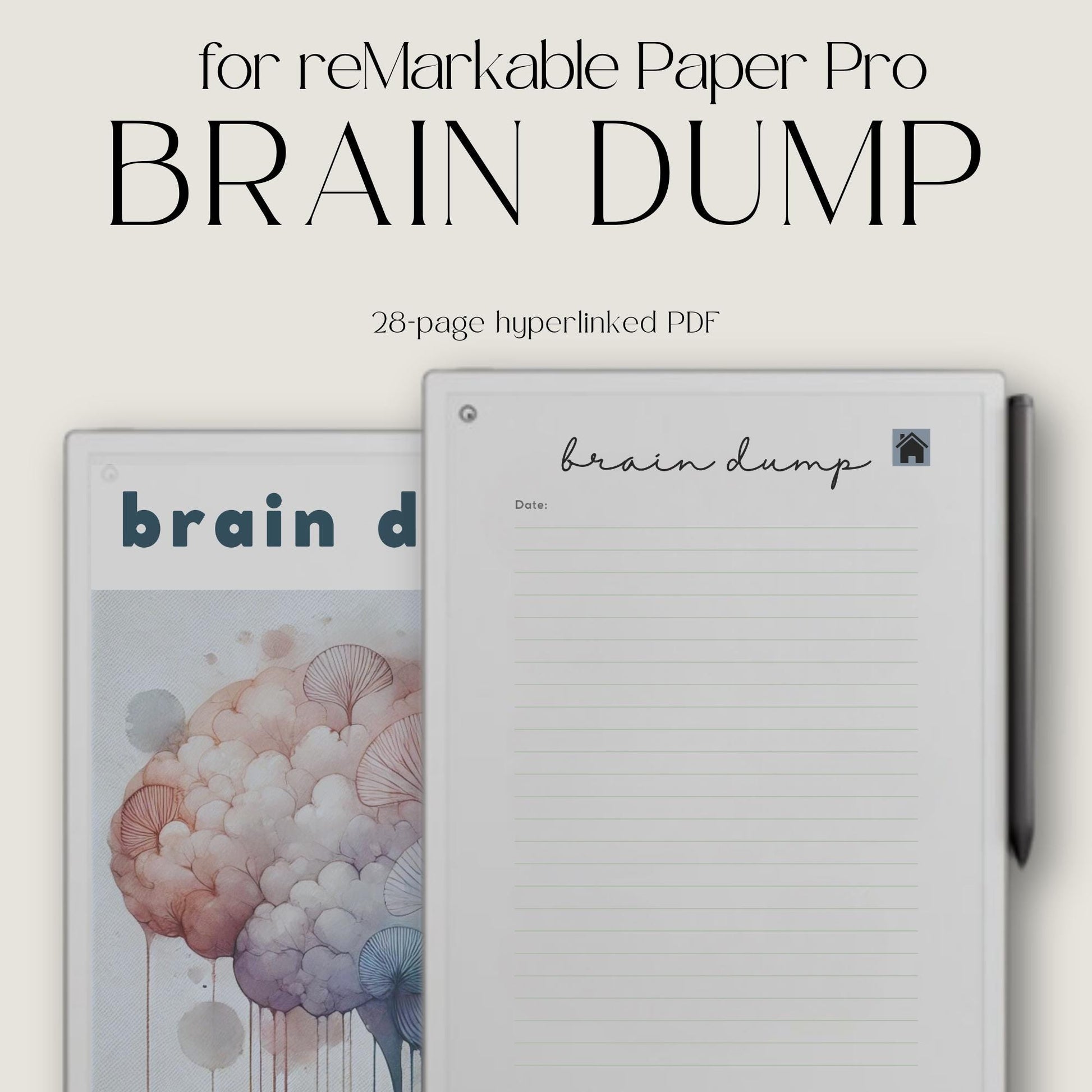 Brain Dump notebook PDF for reMarkable Paper Pro Move with 28 hyperlinked lined pages and two cover designs.