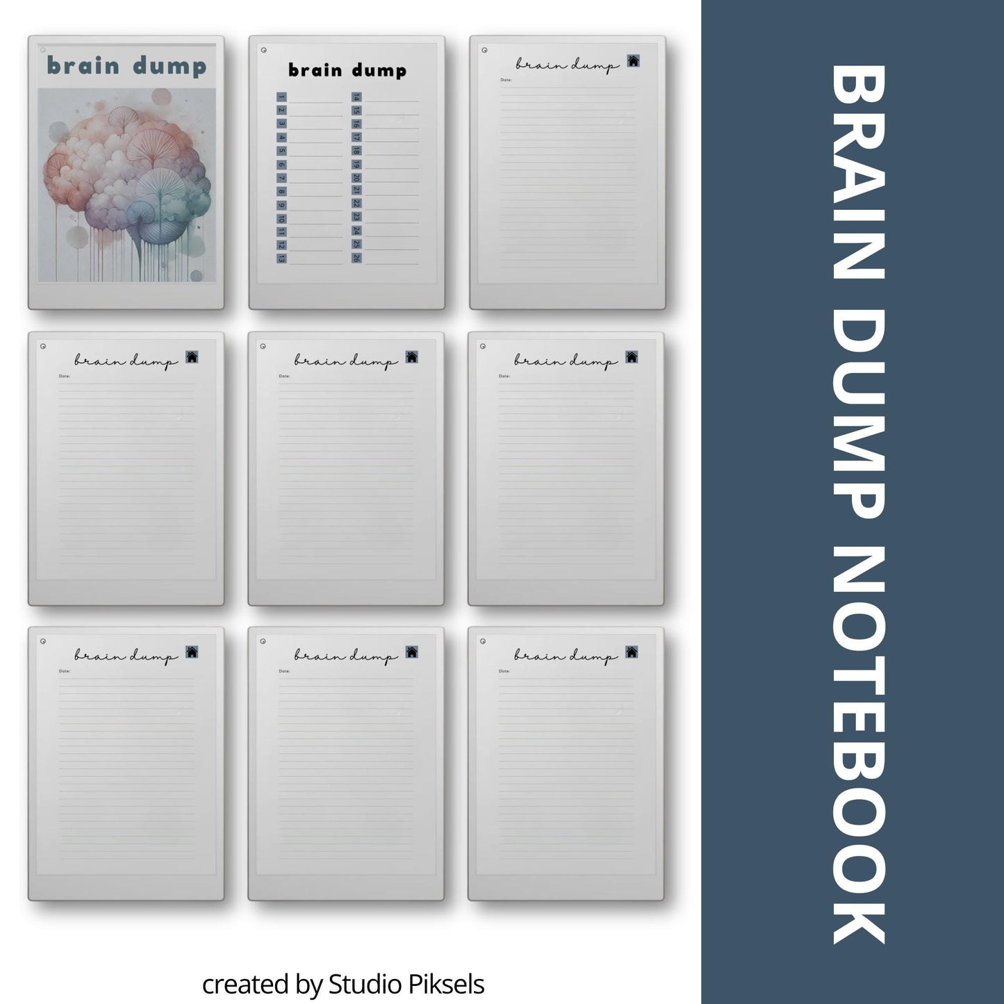 Brain Dump notebook PDF for reMarkable Paper Pro Move with 28 hyperlinked lined pages and two cover designs.