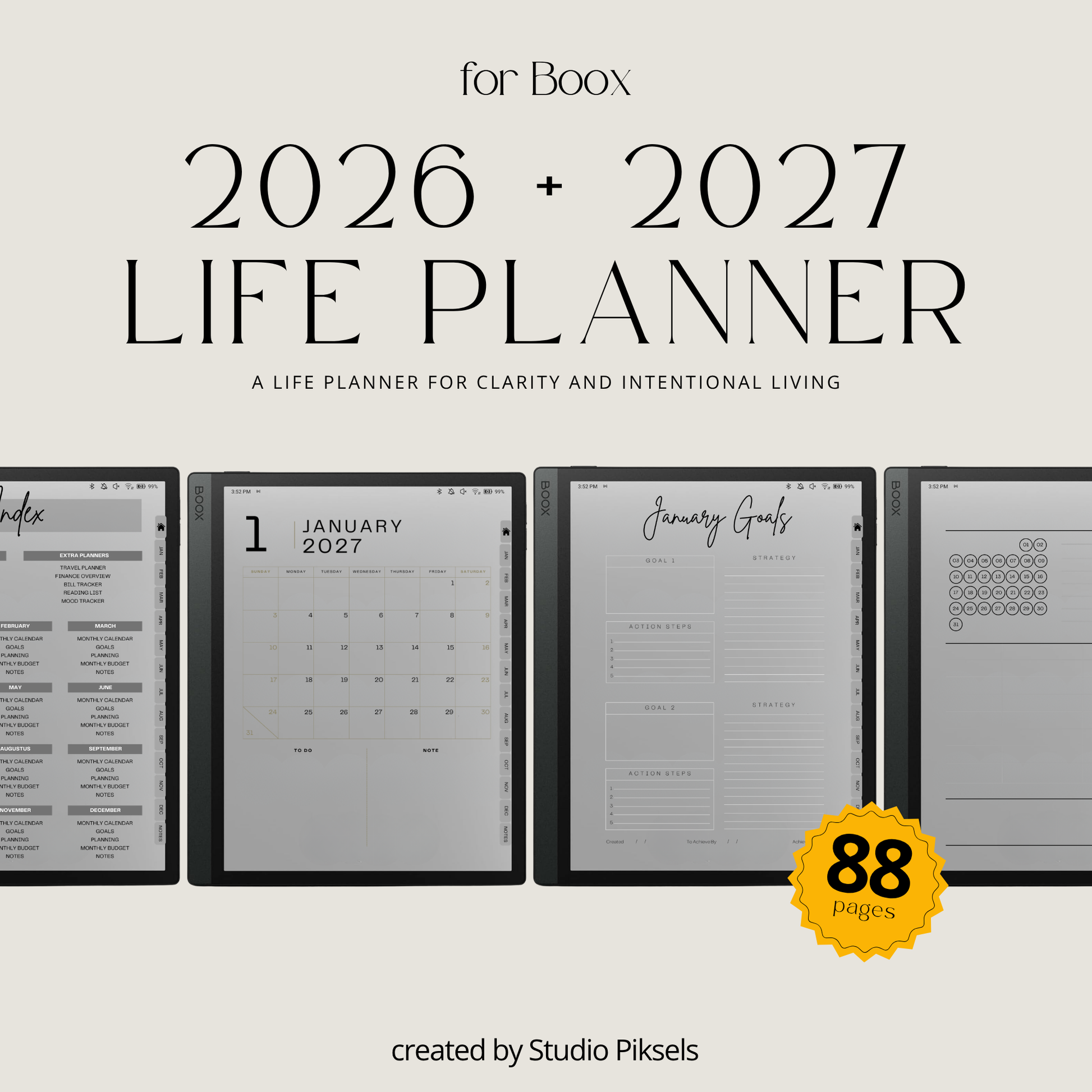 2026 and 2027 digital life planner bundle for BOOX tablets with hyperlinked monthly calendars, goal planning, budget trackers, notes, and life organization pages.