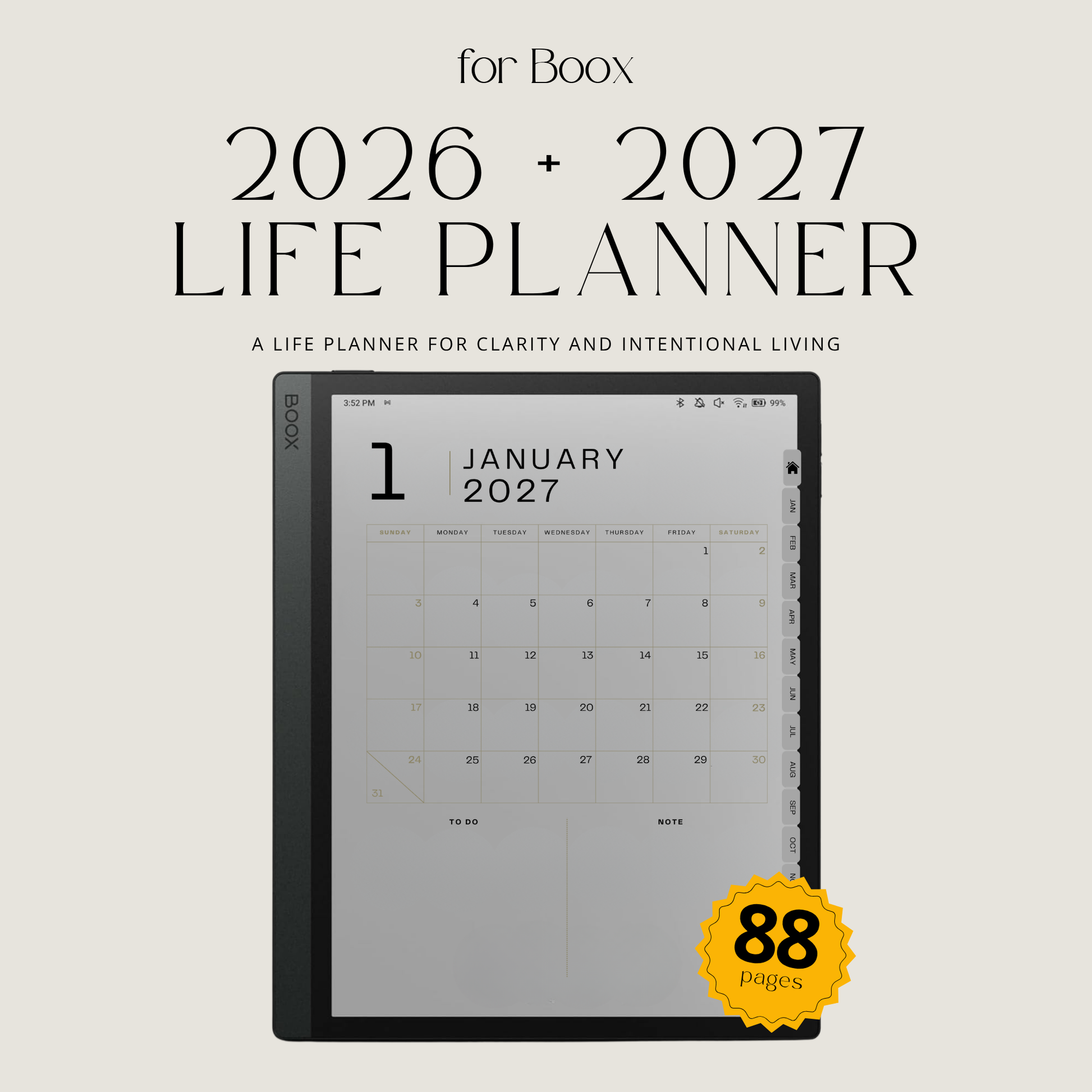 2026 and 2027 digital life planner bundle for BOOX tablets with hyperlinked monthly calendars, goal planning, budget trackers, notes, and life organization pages.