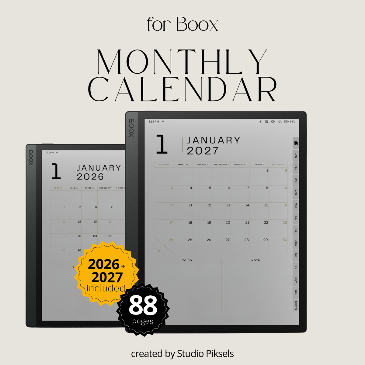 2026 and 2027 digital life planner bundle for BOOX tablets with hyperlinked monthly calendars, goal planning, budget trackers, notes, and life organization pages.