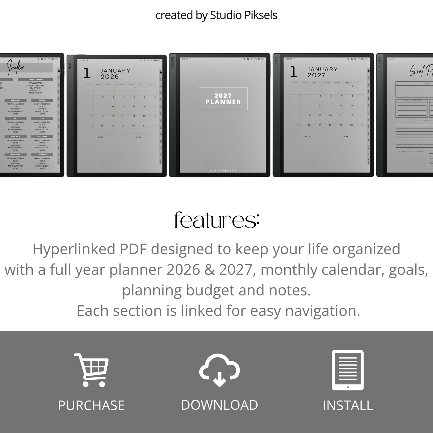 2026 and 2027 digital life planner bundle for BOOX tablets with hyperlinked monthly calendars, goal planning, budget trackers, notes, and life organization pages.