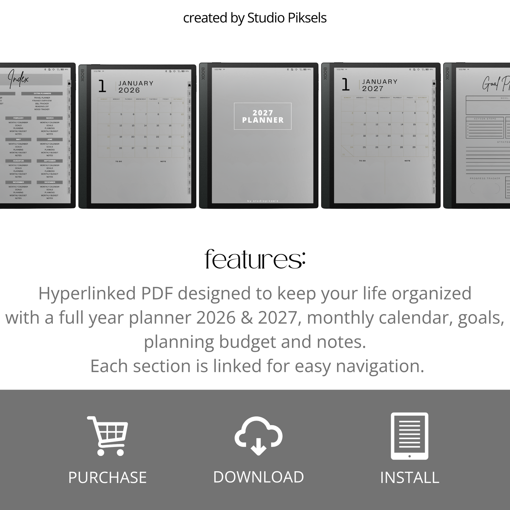 2026 and 2027 digital life planner bundle for BOOX tablets with hyperlinked monthly calendars, goal planning, budget trackers, notes, and life organization pages.