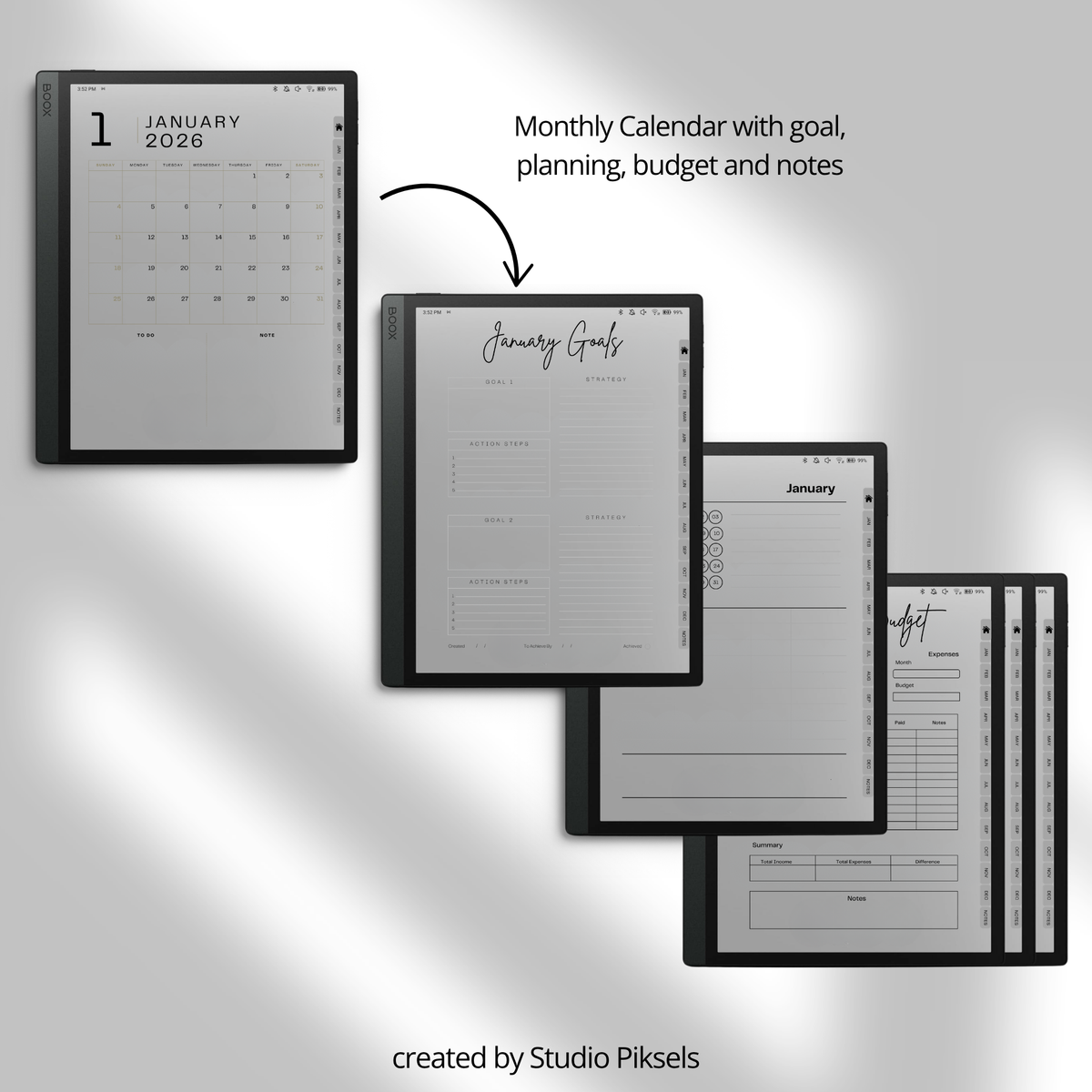2026 and 2027 digital life planner bundle for BOOX tablets with hyperlinked monthly calendars, goal planning, budget trackers, notes, and life organization pages.