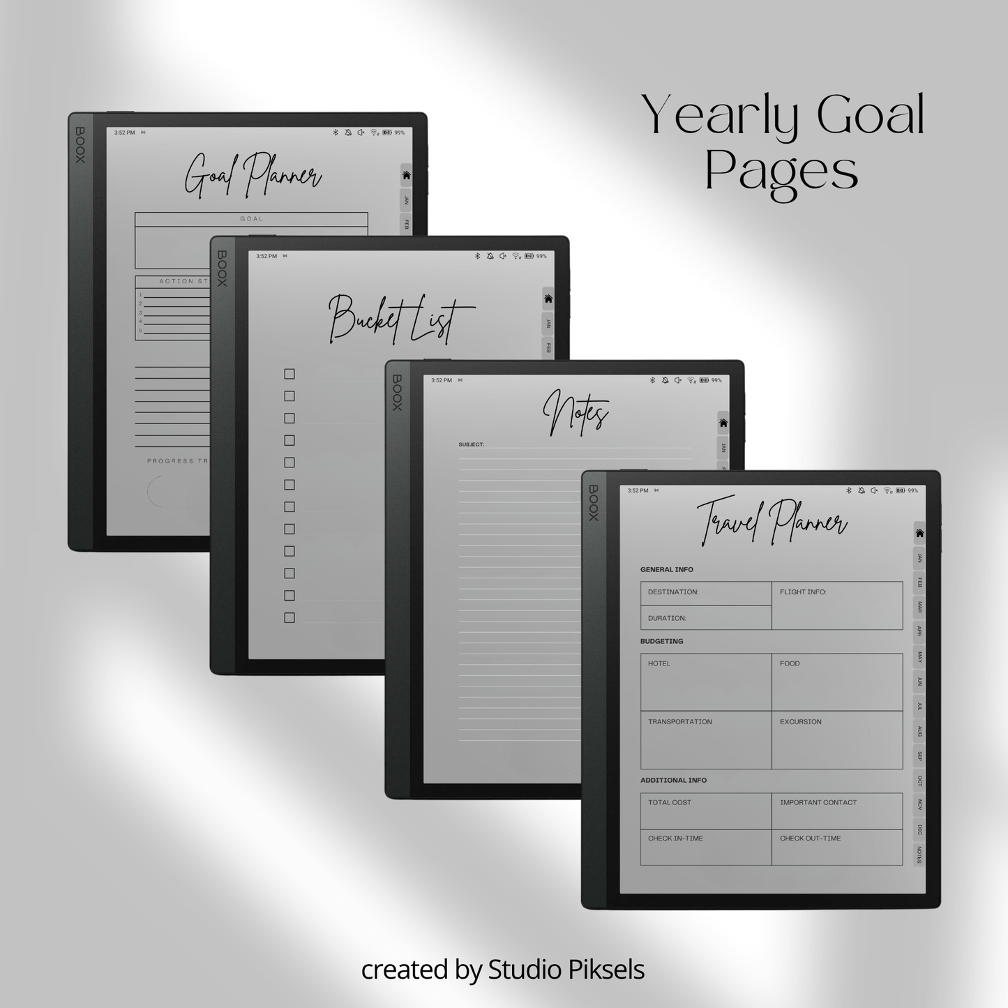 2026 and 2027 digital life planner bundle for BOOX tablets with hyperlinked monthly calendars, goal planning, budget trackers, notes, and life organization pages.