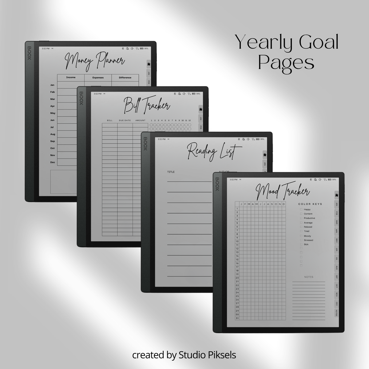 2026 and 2027 digital life planner bundle for BOOX tablets with hyperlinked monthly calendars, goal planning, budget trackers, notes, and life organization pages.