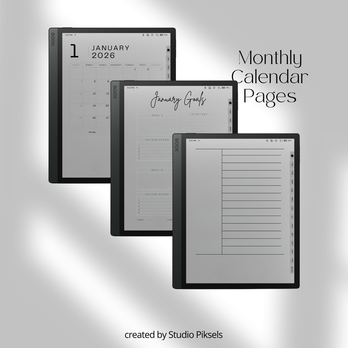 2026 and 2027 digital life planner bundle for BOOX tablets with hyperlinked monthly calendars, goal planning, budget trackers, notes, and life organization pages.