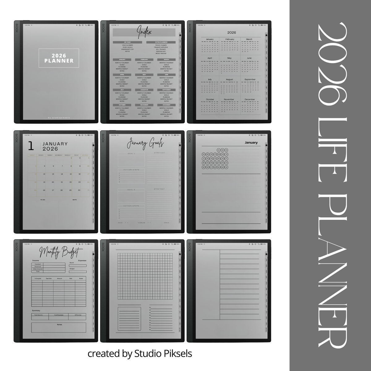 2026 and 2027 digital life planner bundle for BOOX tablets with hyperlinked monthly calendars, goal planning, budget trackers, notes, and life organization pages.