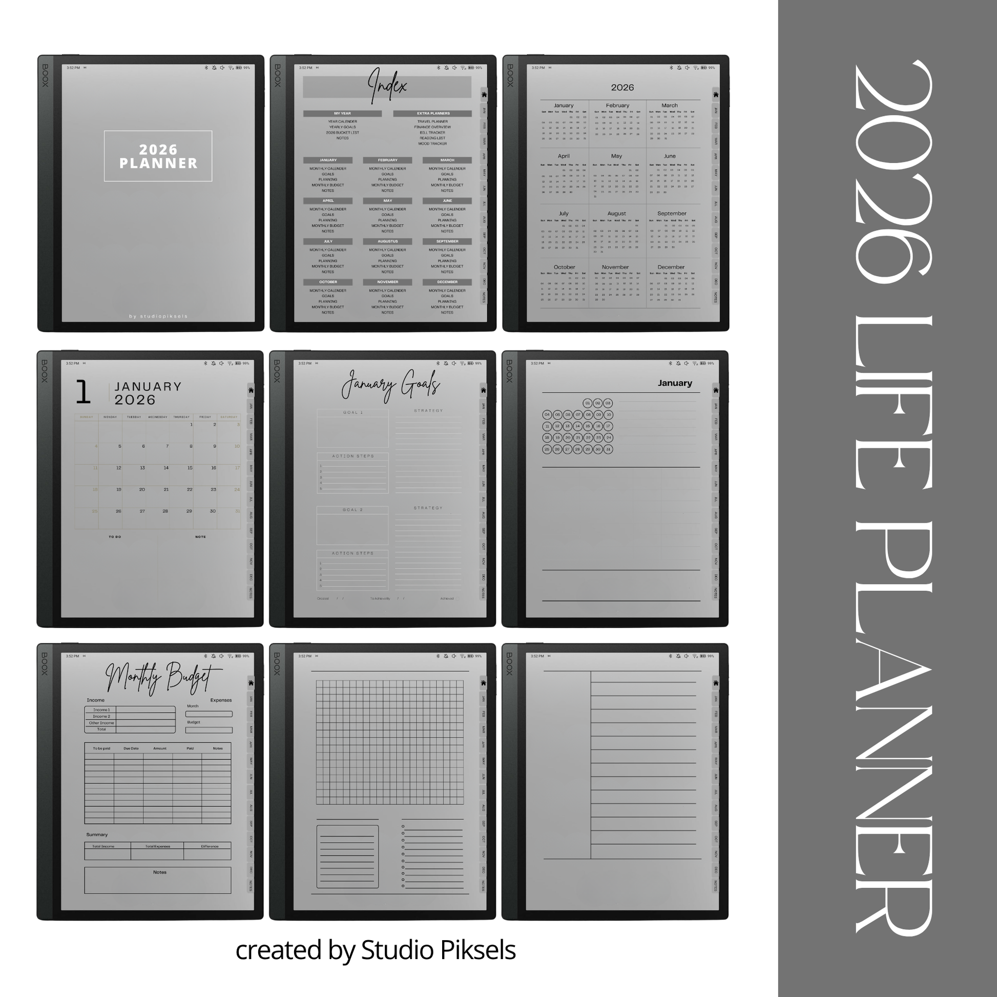 2026 and 2027 digital life planner bundle for BOOX tablets with hyperlinked monthly calendars, goal planning, budget trackers, notes, and life organization pages.
