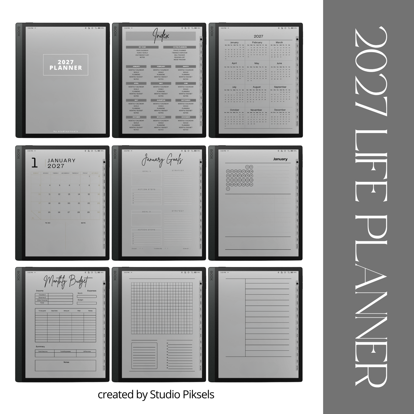 2026 and 2027 digital life planner bundle for BOOX tablets with hyperlinked monthly calendars, goal planning, budget trackers, notes, and life organization pages.