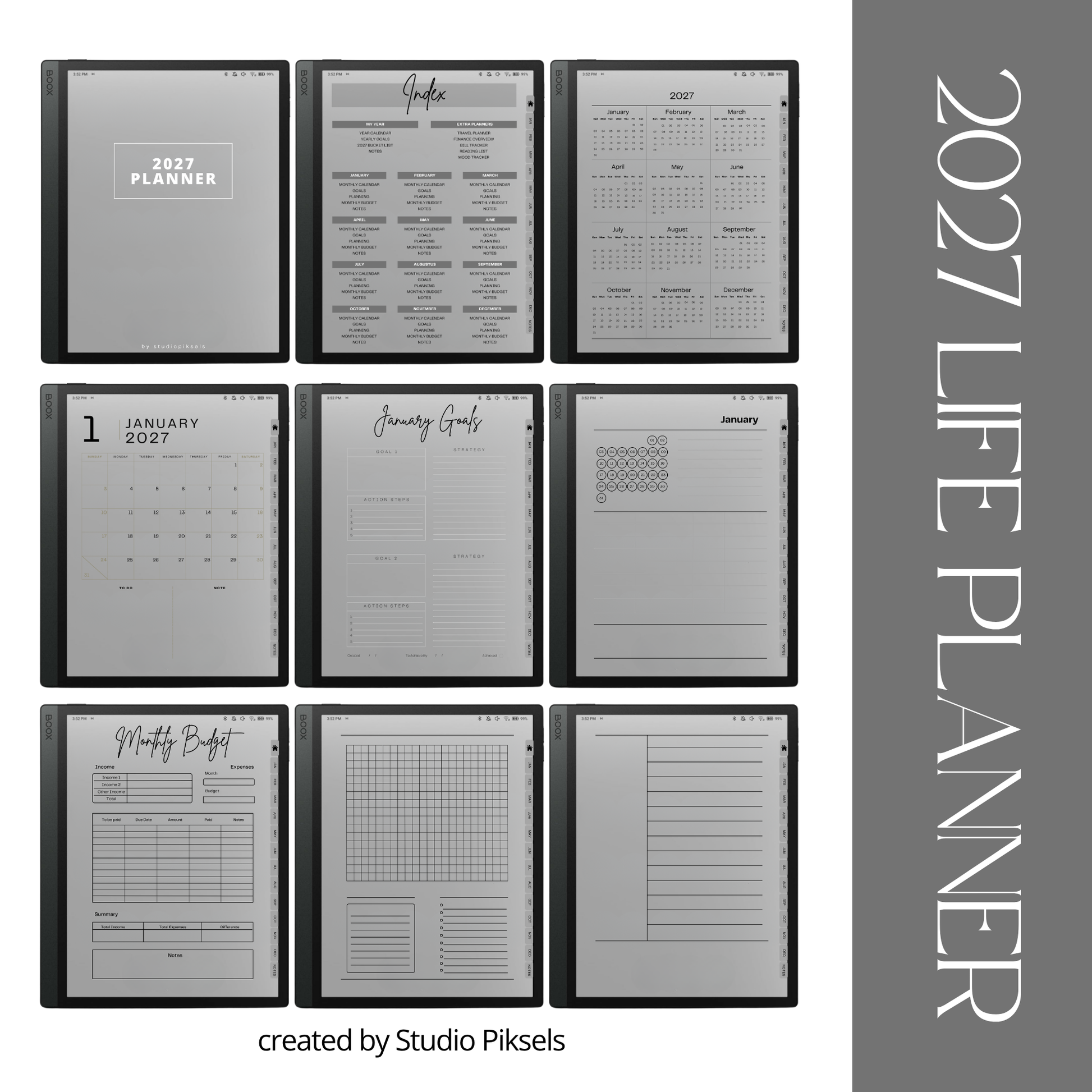 2026 and 2027 digital life planner bundle for BOOX tablets with hyperlinked monthly calendars, goal planning, budget trackers, notes, and life organization pages.