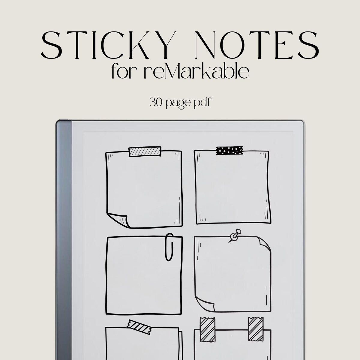 Doodle Sticky Notes for reMarkable 2 and reMarkable Paper Pure featuring reusable sketch-style digital sticky note pages with minimalist black-and-white layouts