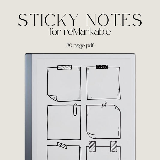 Doodle Sticky Notes for reMarkable 2 and reMarkable Paper Pure featuring reusable sketch-style digital sticky note pages with minimalist black-and-white layouts
