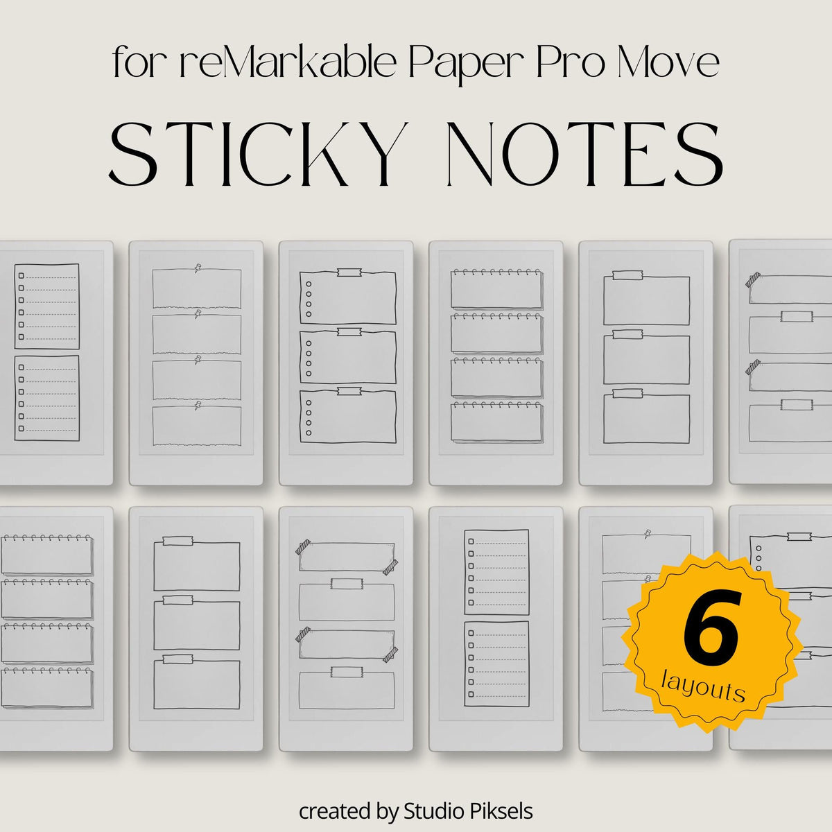 Doodle Sticky Notes Bundle for reMarkable Paper Pro Move with memo templates, checklist layouts, and reusable digital sticky note pages