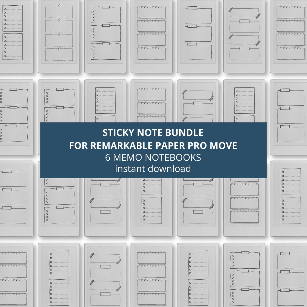 Doodle Sticky Notes bundle for reMarkable Paper Pro Move featuring six digital memo notebooks with reusable doodle, checklist, and sticky note layouts.