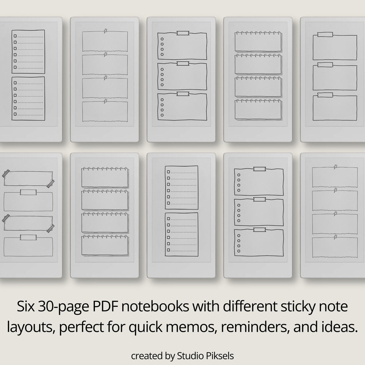 Doodle Sticky Notes bundle for reMarkable Paper Pro Move featuring six digital memo notebooks with reusable doodle, checklist, and sticky note layouts.