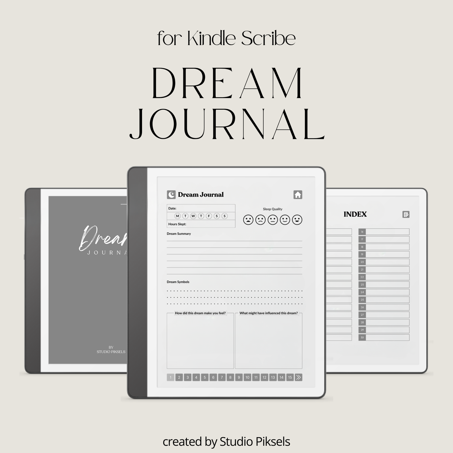 30-Day Dream Journal for Kindle Scribe featuring 30 daily dream journal pages, dream reflection, recurring symbol tracking, and a monochrome hyperlinked PDF layout.