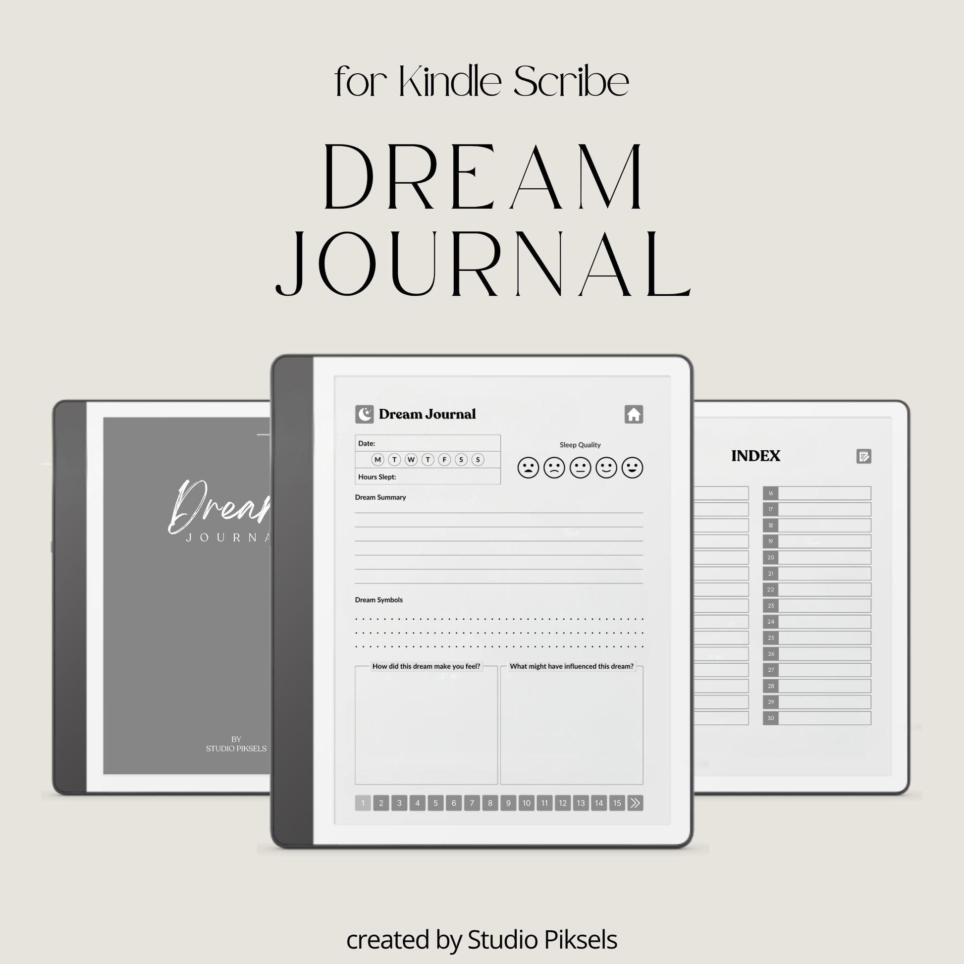 30-Day Dream Journal for Kindle Scribe featuring 30 daily dream journal pages, dream reflection, recurring symbol tracking, and a monochrome hyperlinked PDF layout.
