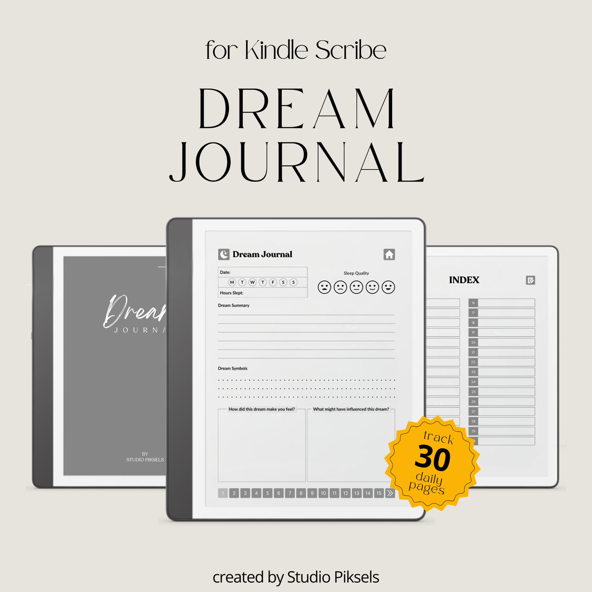 30-Day Dream Journal for Kindle Scribe featuring 30 daily dream journal pages, dream reflection, recurring symbol tracking, and a hyperlinked PDF layout.