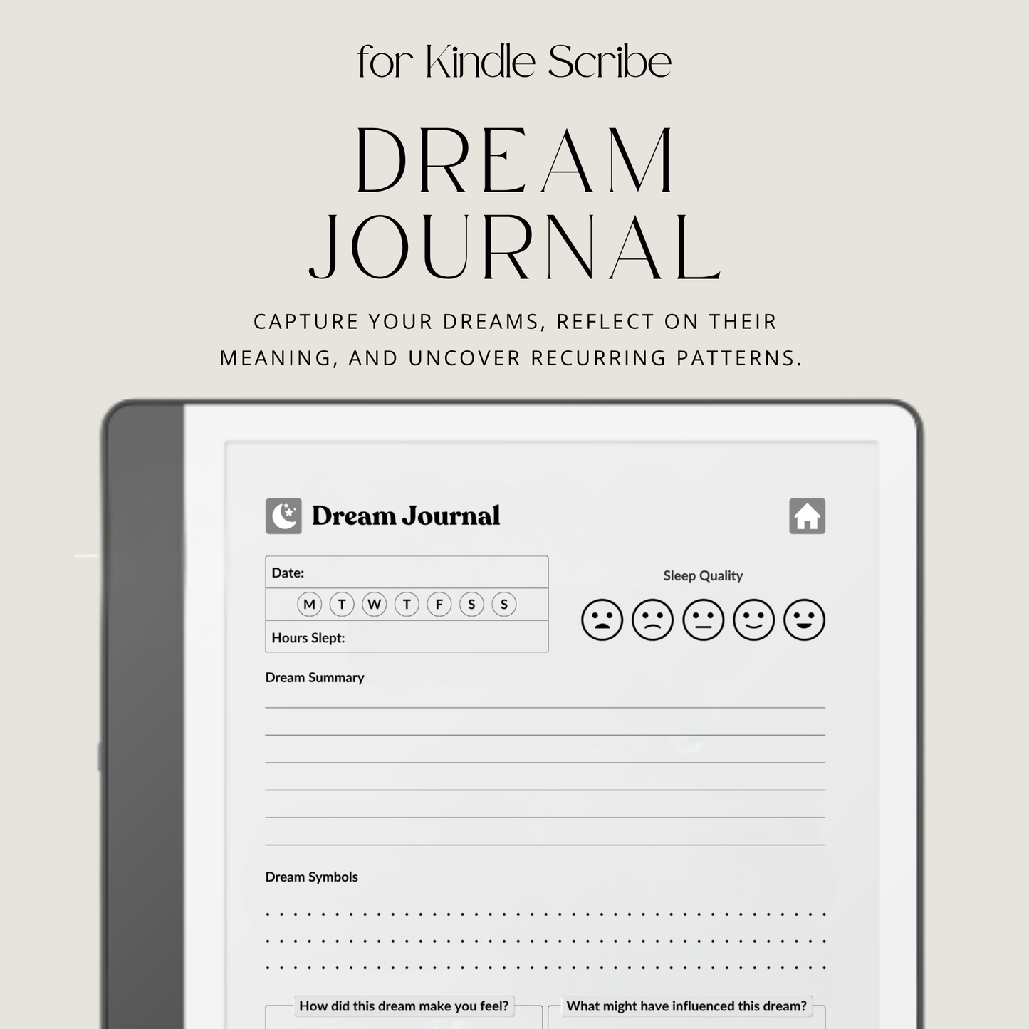 30-Day Dream Journal for Kindle Scribe featuring 30 daily dream journal pages, dream reflection, recurring symbol tracking, and a monochrome hyperlinked PDF layout.