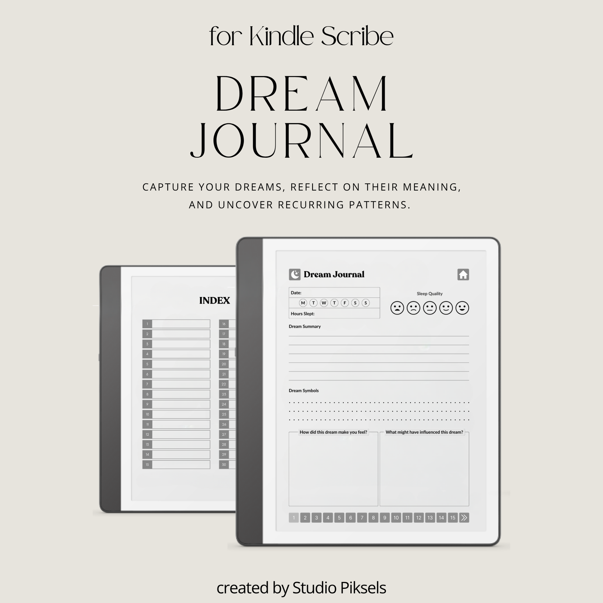 30-Day Dream Journal for Kindle Scribe featuring 30 daily dream journal pages, dream reflection, recurring symbol tracking, and a monochrome hyperlinked PDF layout.