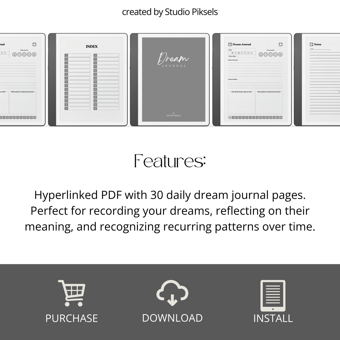 30-Day Dream Journal for Kindle Scribe featuring 30 daily dream journal pages, dream reflection, recurring symbol tracking, and a monochrome hyperlinked PDF layout.
