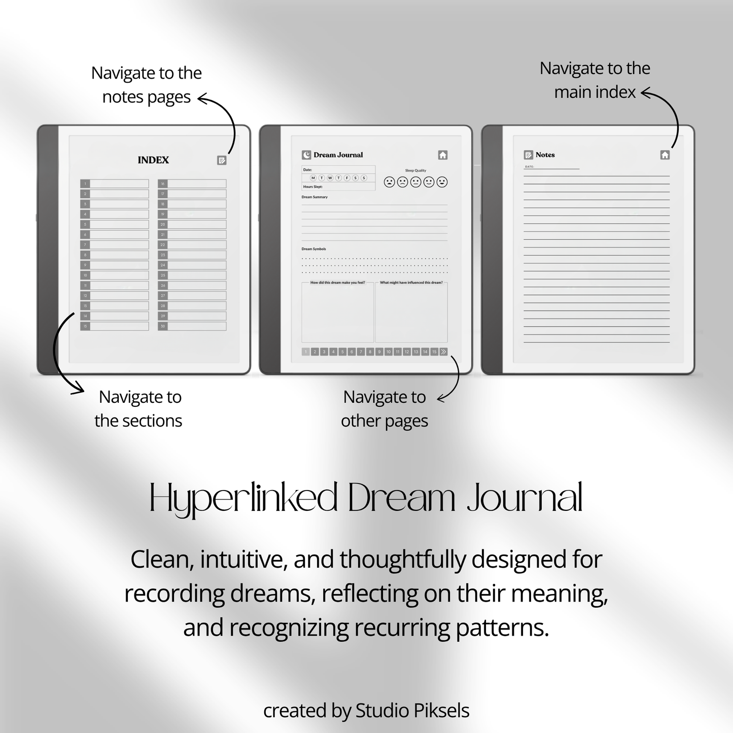 30-Day Dream Journal for Kindle Scribe featuring 30 daily dream journal pages, dream reflection, recurring symbol tracking, and a monochrome hyperlinked PDF layout.
