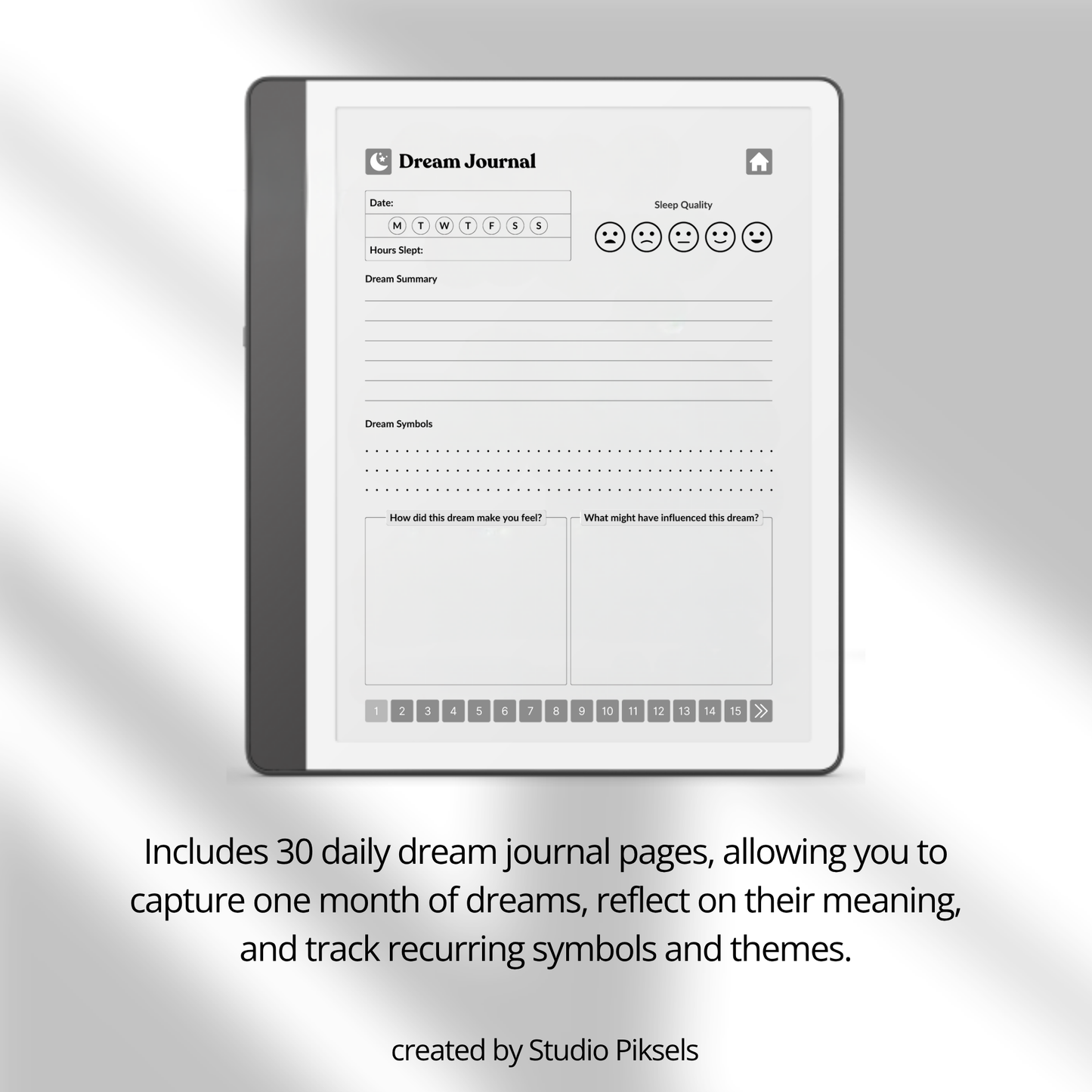 30-Day Dream Journal for Kindle Scribe featuring 30 daily dream journal pages, dream reflection, recurring symbol tracking, and a monochrome hyperlinked PDF layout.