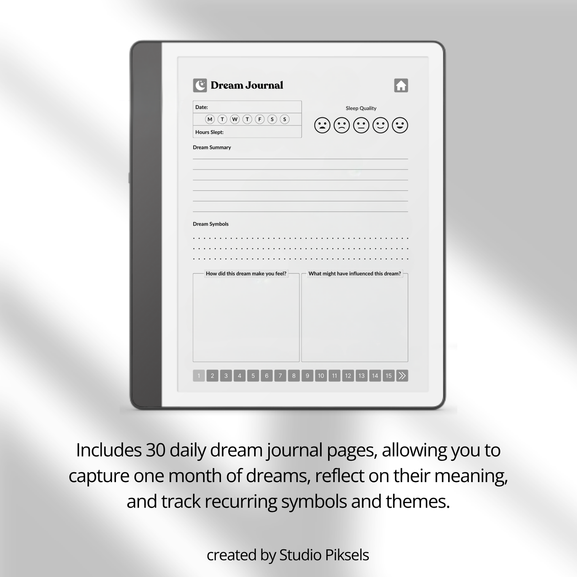 30-Day Dream Journal for Kindle Scribe featuring 30 daily dream journal pages, dream reflection, recurring symbol tracking, and a monochrome hyperlinked PDF layout.