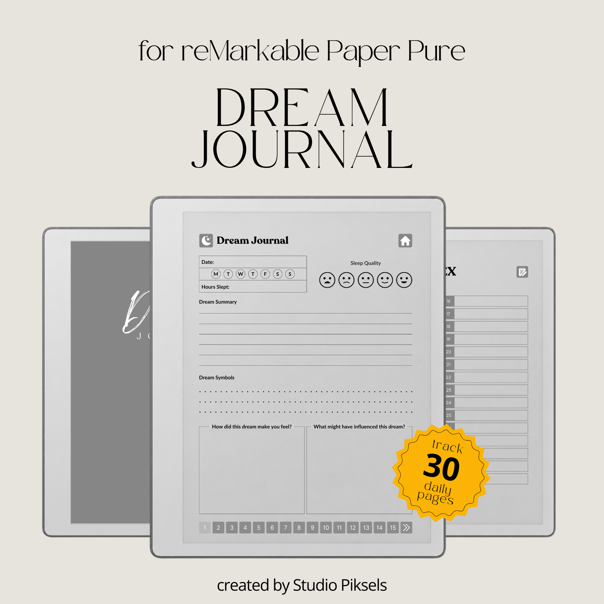 30-Day Dream Journal for reMarkable 2 & Paper Pure featuring 30 daily dream journal pages, dream reflection, recurring symbol tracking, and a hyperlinked PDF layout.