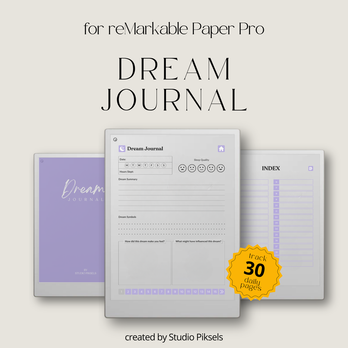 30-Day Dream Journal for reMarkable Paper Pro featuring 30 daily dream journal pages, dream reflection, recurring symbol tracking, and a hyperlinked PDF layout.