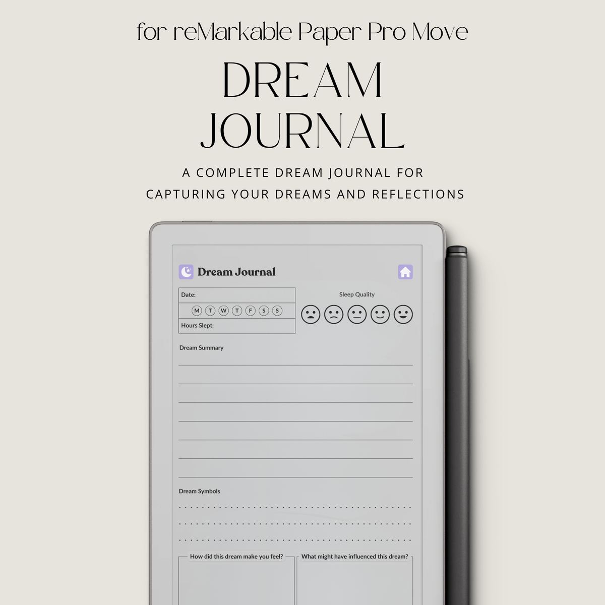 30-Day Dream Journal for reMarkable Paper Pro Move featuring 30 daily dream journal pages, dream reflection, recurring symbol tracking, and a hyperlinked PDF layout.