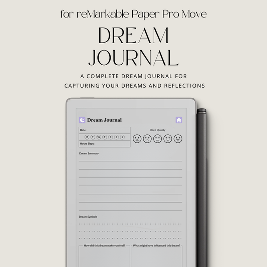 30-Day Dream Journal for reMarkable Paper Pro Move featuring 30 daily dream journal pages, dream reflection, recurring symbol tracking, and a hyperlinked PDF layout.