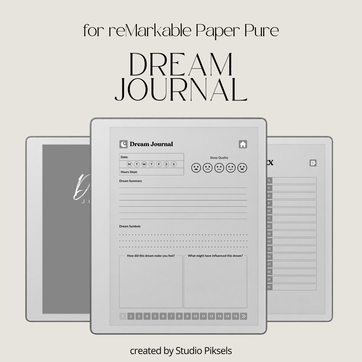 30-Day Dream Journal for reMarkable 2 and reMarkable Paper Pure featuring 30 daily dream journal pages, dream reflection, recurring symbol tracking, and a monochrome hyperlinked PDF layout.
