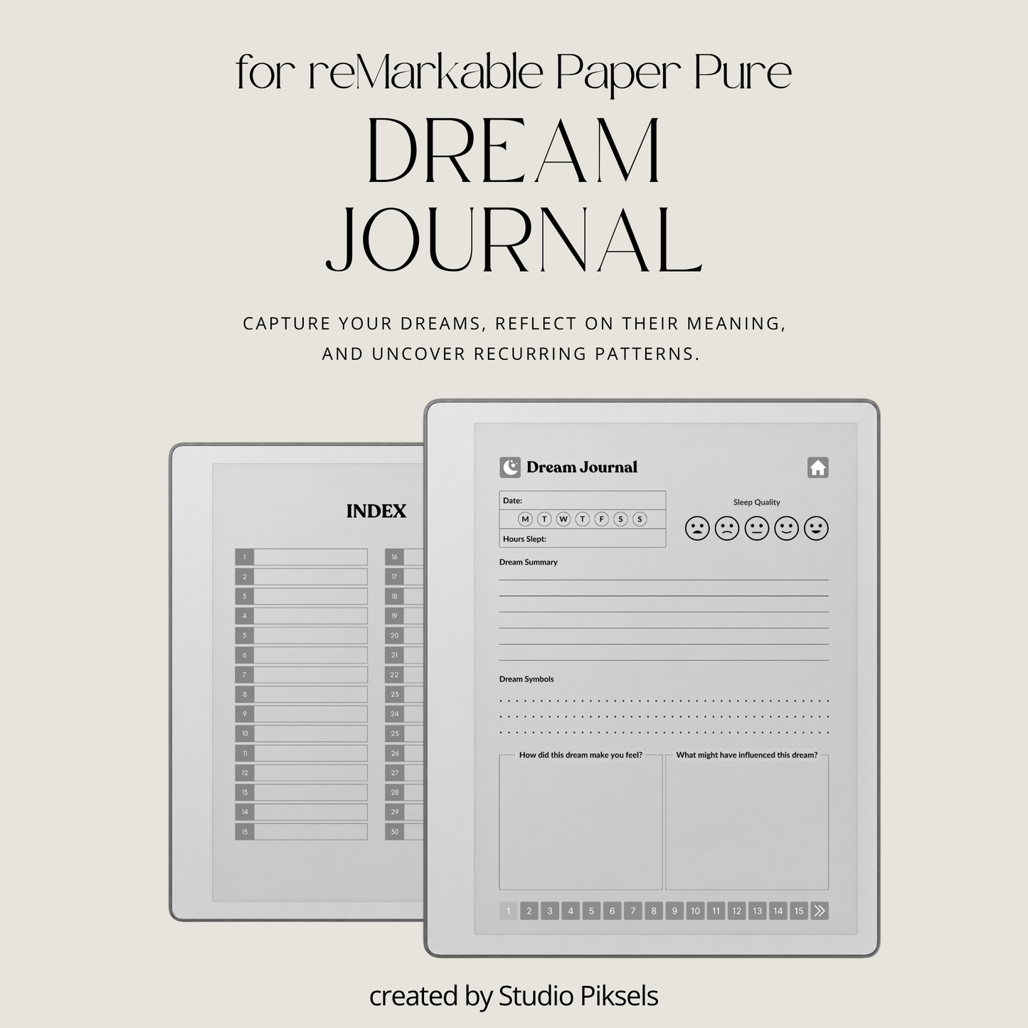 30-Day Dream Journal for reMarkable 2 and reMarkable Paper Pure featuring 30 daily dream journal pages, dream reflection, recurring symbol tracking, and a monochrome hyperlinked PDF layout.