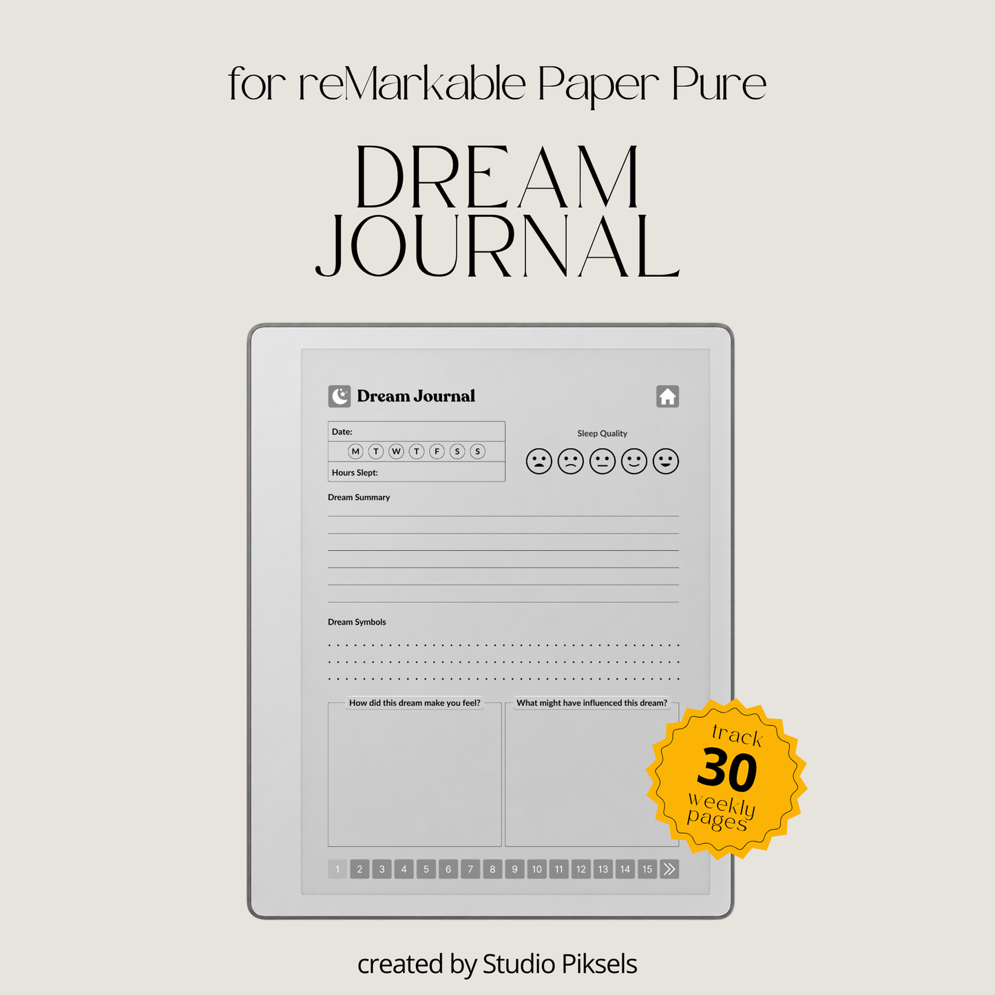 30-Day Dream Journal for reMarkable 2 and reMarkable Paper Pure featuring 30 daily dream journal pages, dream reflection, recurring symbol tracking, and a monochrome hyperlinked PDF layout.