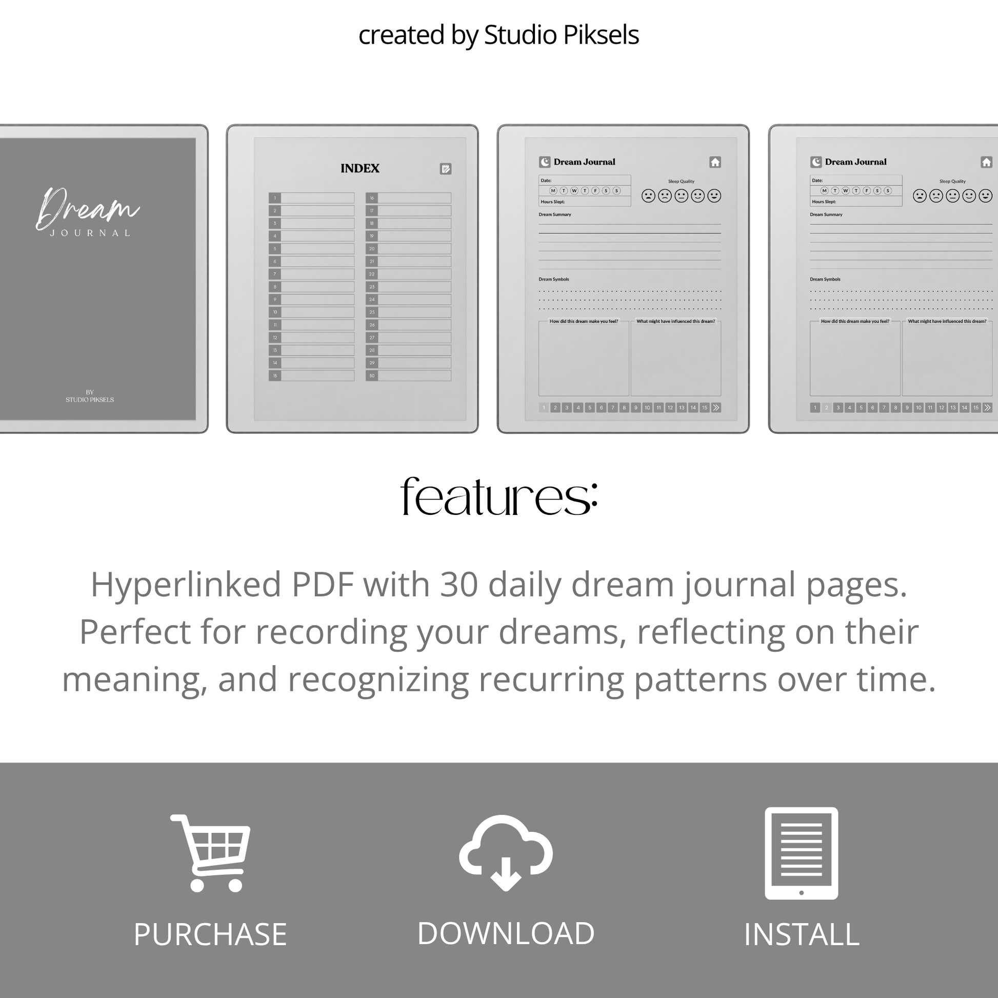 30-Day Dream Journal for reMarkable 2 and reMarkable Paper Pure featuring 30 daily dream journal pages, dream reflection, recurring symbol tracking, and a monochrome hyperlinked PDF layout.