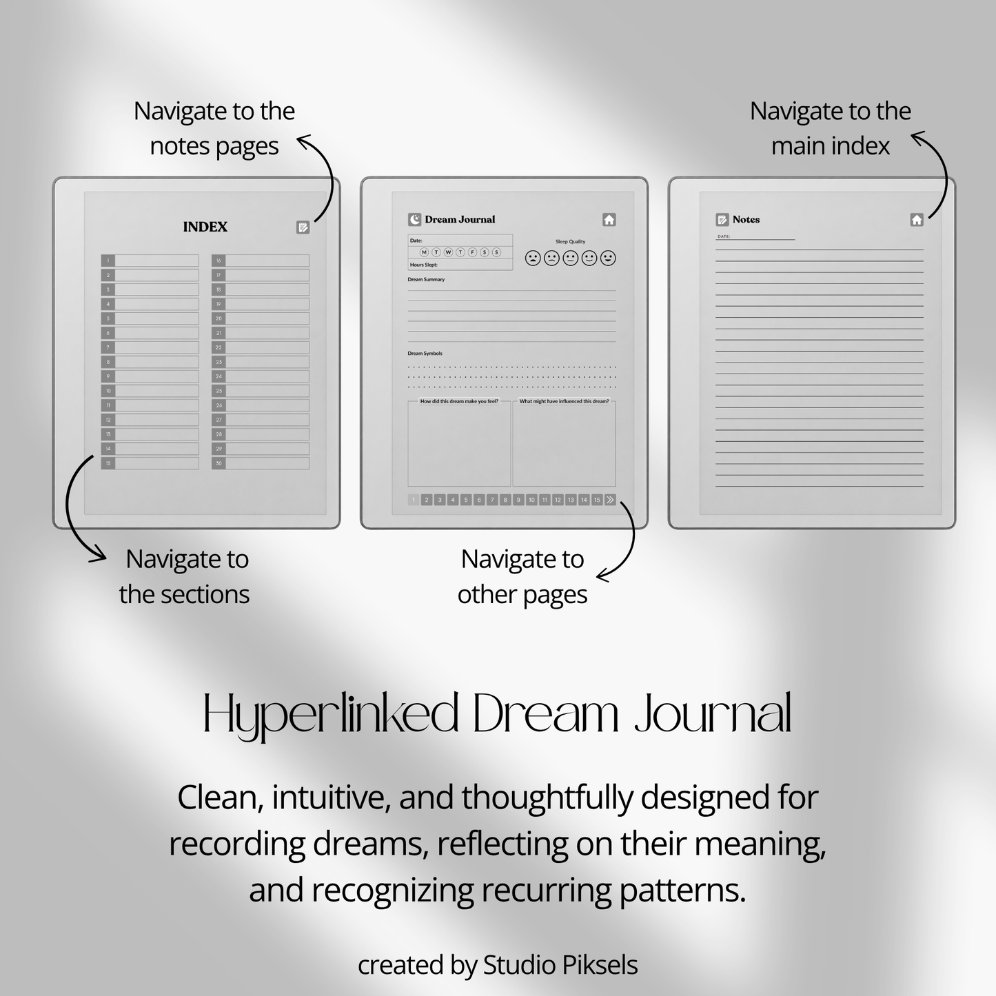 30-Day Dream Journal for reMarkable 2 and reMarkable Paper Pure featuring 30 daily dream journal pages, dream reflection, recurring symbol tracking, and a monochrome hyperlinked PDF layout.