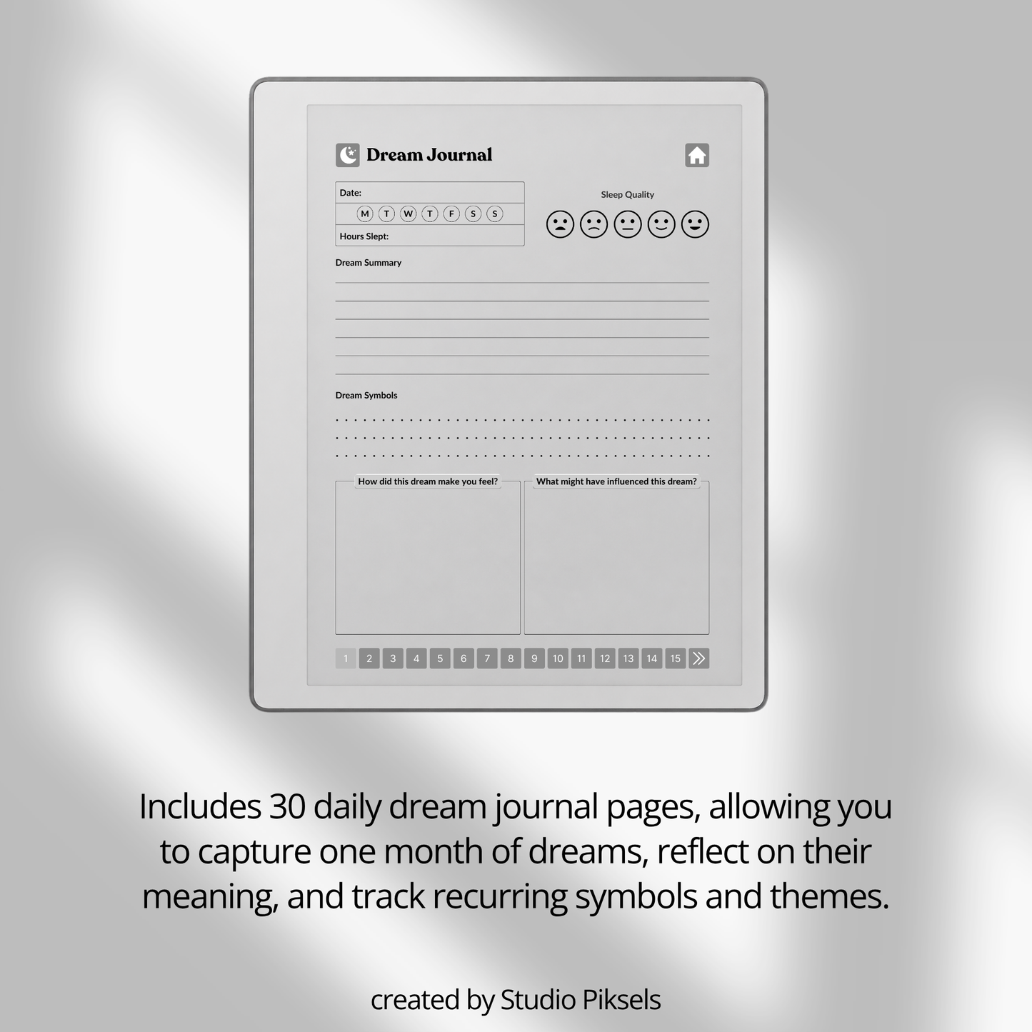 30-Day Dream Journal for reMarkable 2 and reMarkable Paper Pure featuring 30 daily dream journal pages, dream reflection, recurring symbol tracking, and a monochrome hyperlinked PDF layout.
