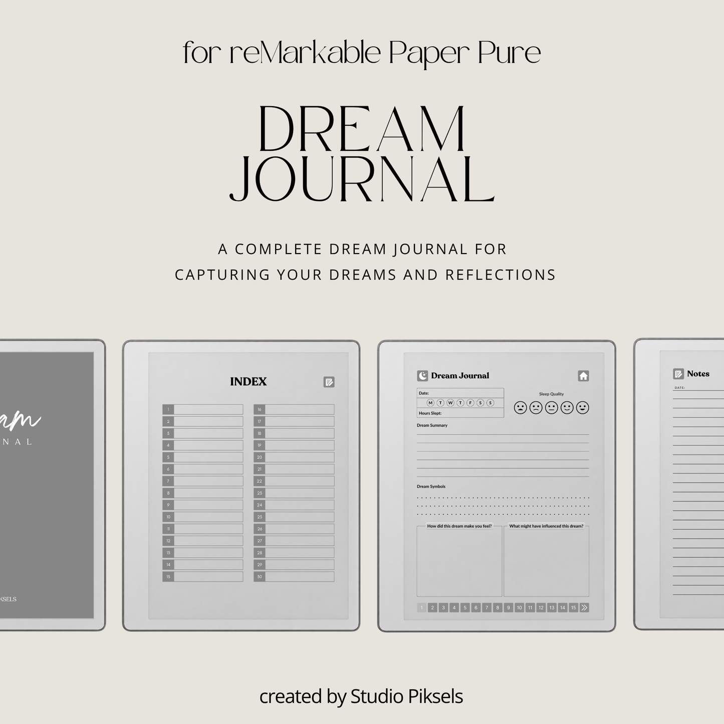 30-Day Dream Journal for reMarkable 2 and reMarkable Paper Pure featuring 30 daily dream journal pages, dream reflection, recurring symbol tracking, and a monochrome hyperlinked PDF layout.