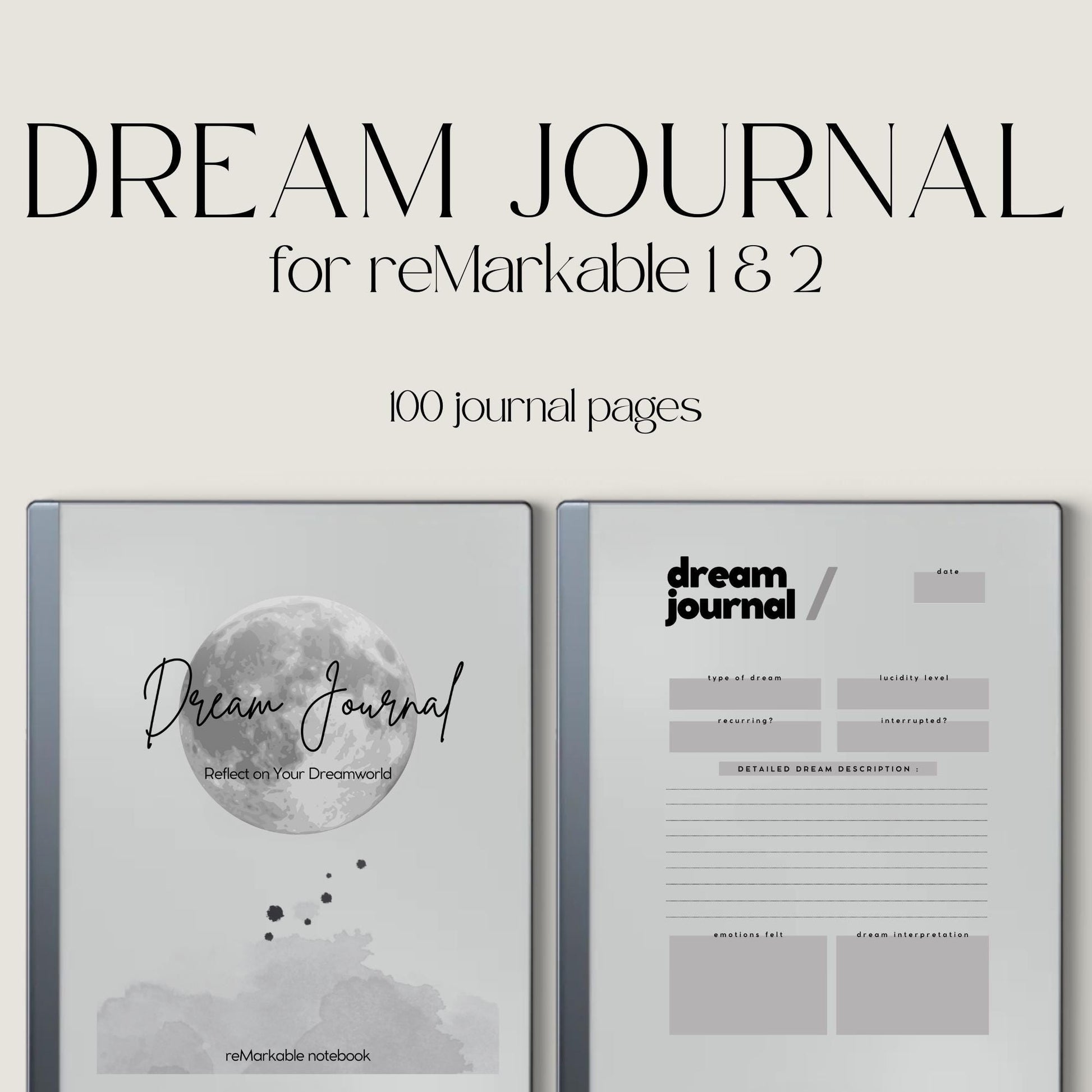 Dream Journal for reMarkable 2 and reMarkable Paper Pure featuring 100 reusable dream tracking pages with minimalist grayscale layouts and structured reflection sections