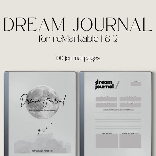 Dream Journal for reMarkable 2 and reMarkable Paper Pure featuring 100 reusable dream tracking pages with minimalist grayscale layouts and structured reflection sections