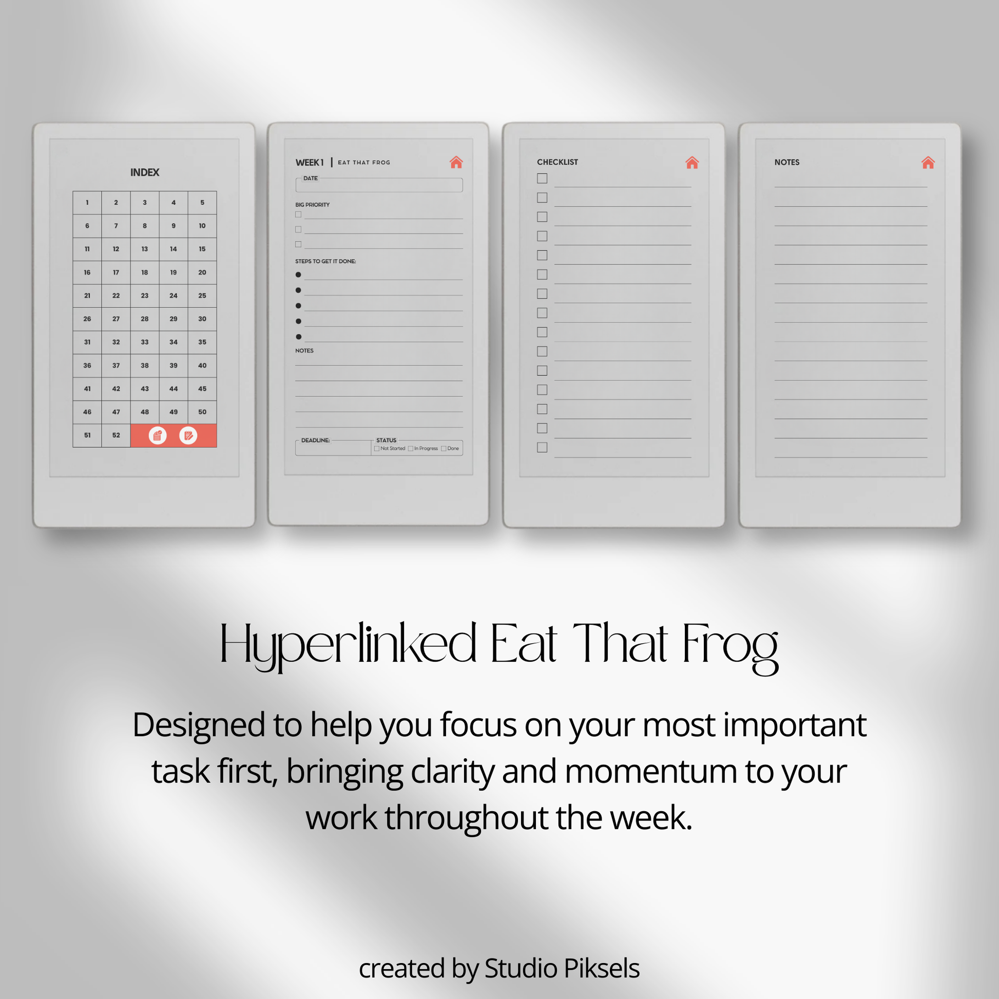 Hyperlinked Eat That Frog weekly planner PDF for reMarkable Paper Pro Move with focus layout and checklist pages.