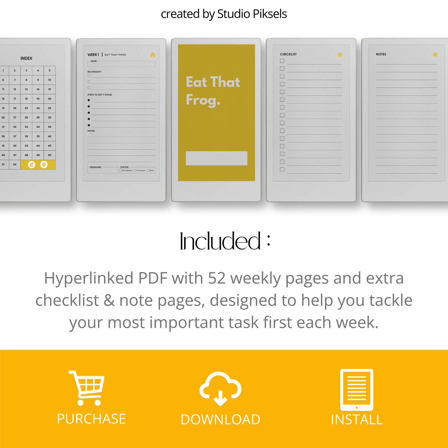 Hyperlinked Eat That Frog weekly planner PDF for reMarkable Paper Pro Move with focus layout and checklist pages.