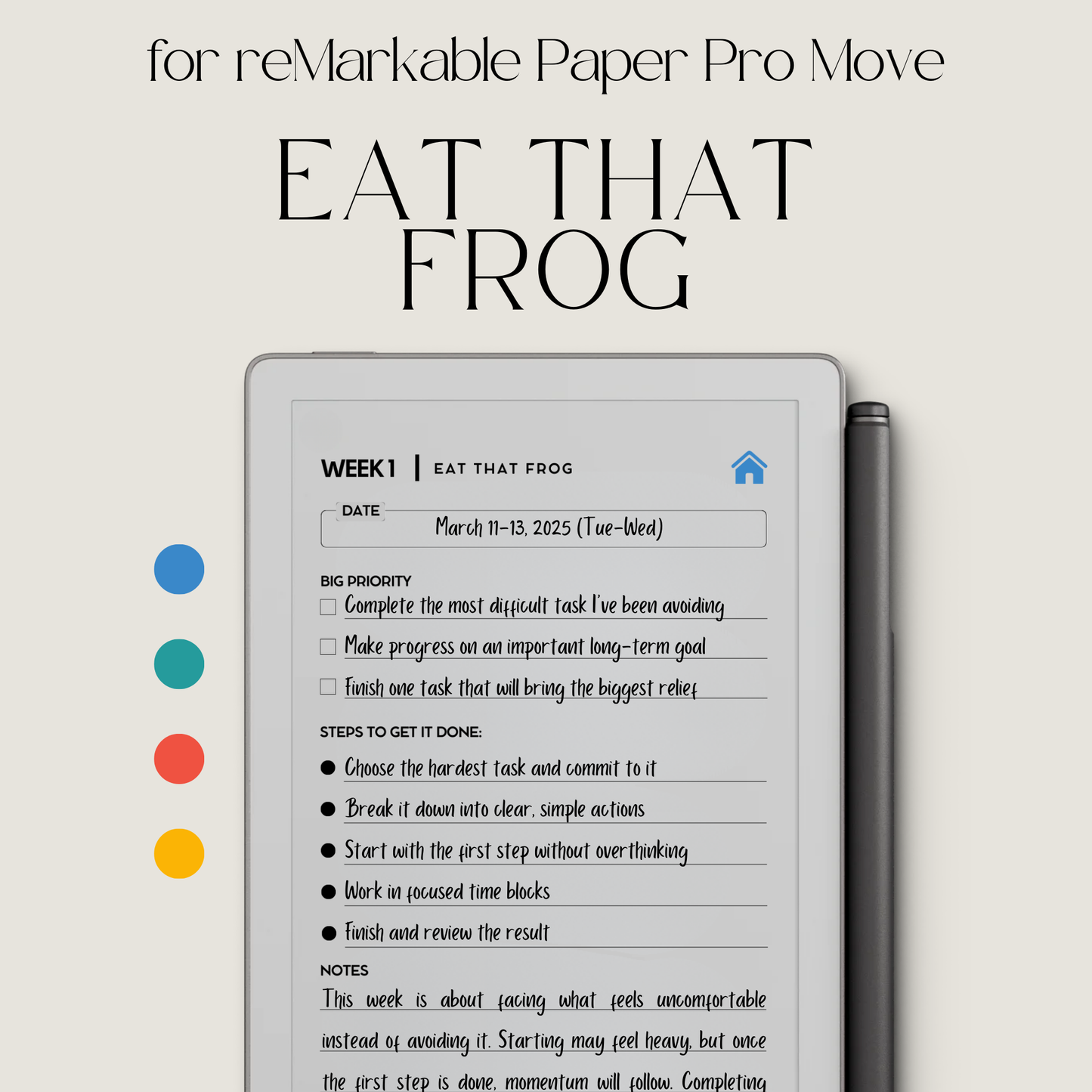 Hyperlinked Eat That Frog weekly planner PDF for reMarkable Paper Pro Move with focus layout and checklist pages.