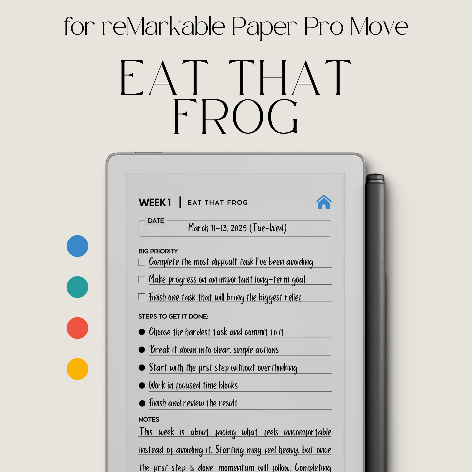 Hyperlinked Eat That Frog weekly planner PDF for reMarkable Paper Pro Move with focus layout and checklist pages.