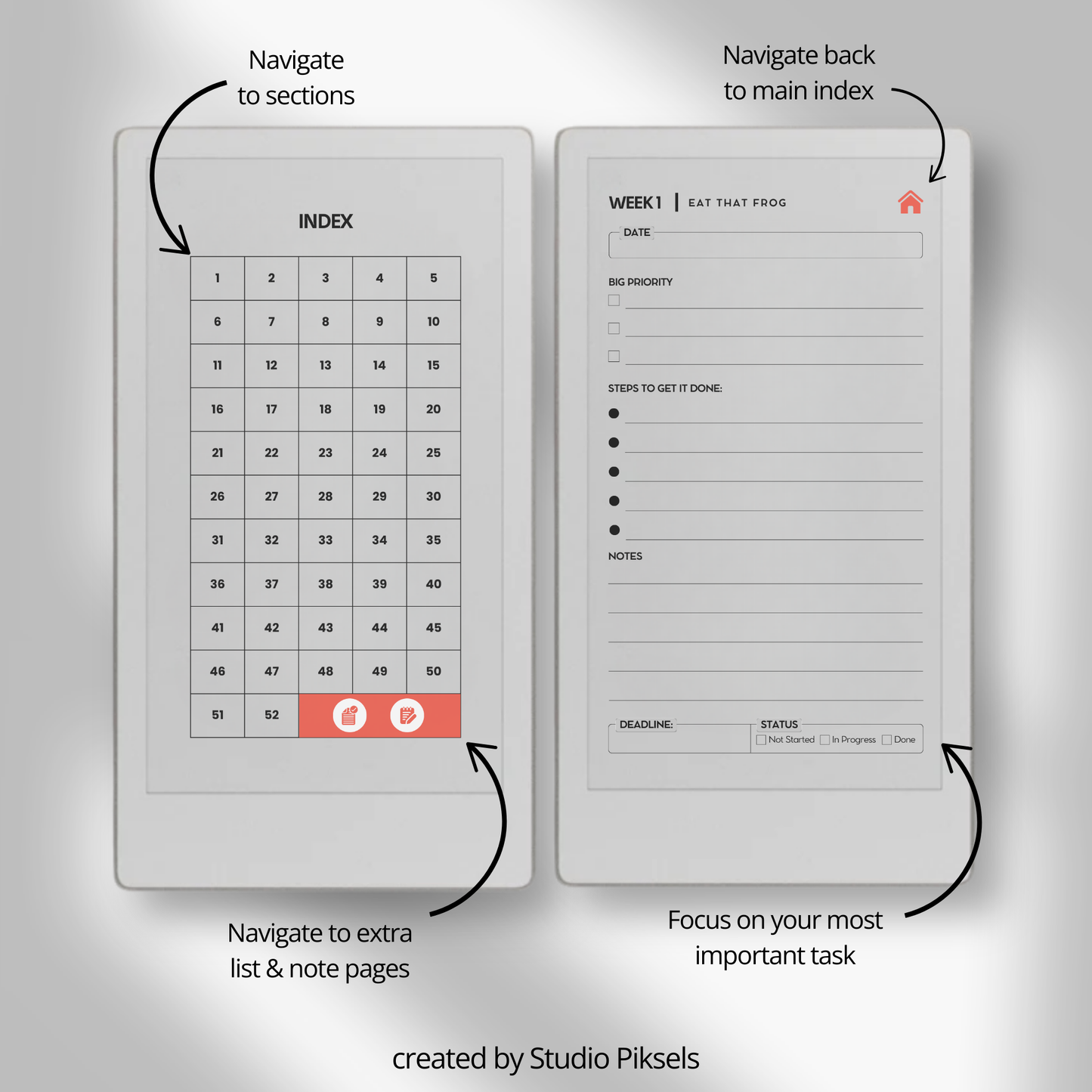 Hyperlinked Eat That Frog weekly planner PDF for reMarkable Paper Pro Move with focus layout and checklist pages.