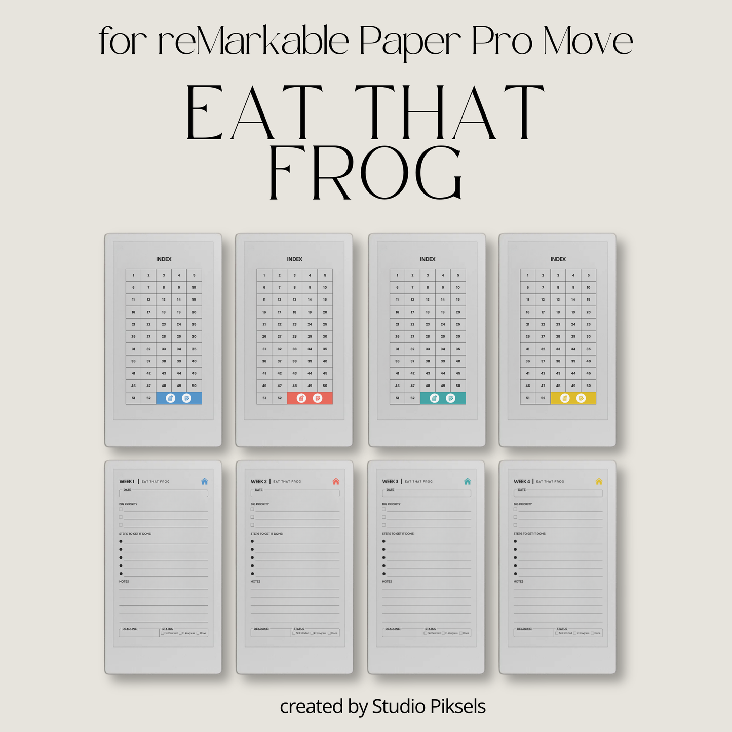 Hyperlinked Eat That Frog weekly planner PDF for reMarkable Paper Pro Move with focus layout and checklist pages.